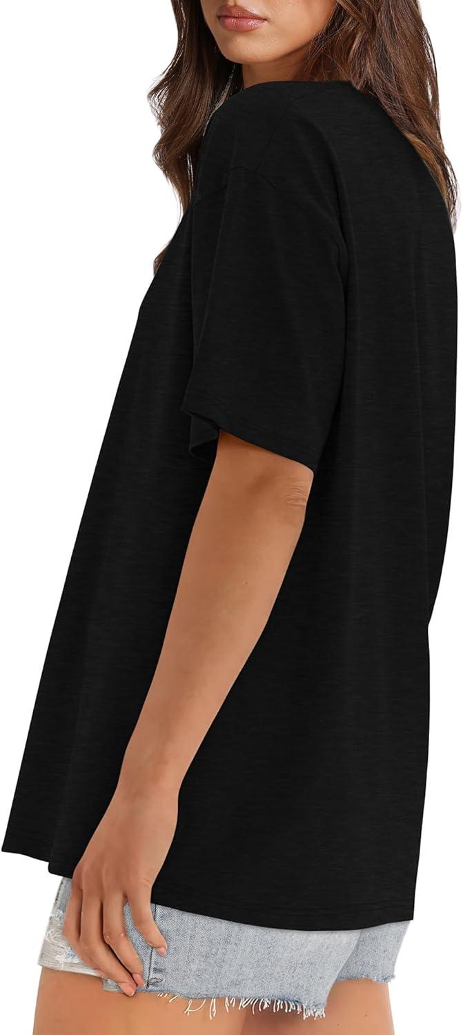 imageXIEERDUO Oversized T Shirts for Women Summer Short Sleeve Tops Loose Scook NeckBlack