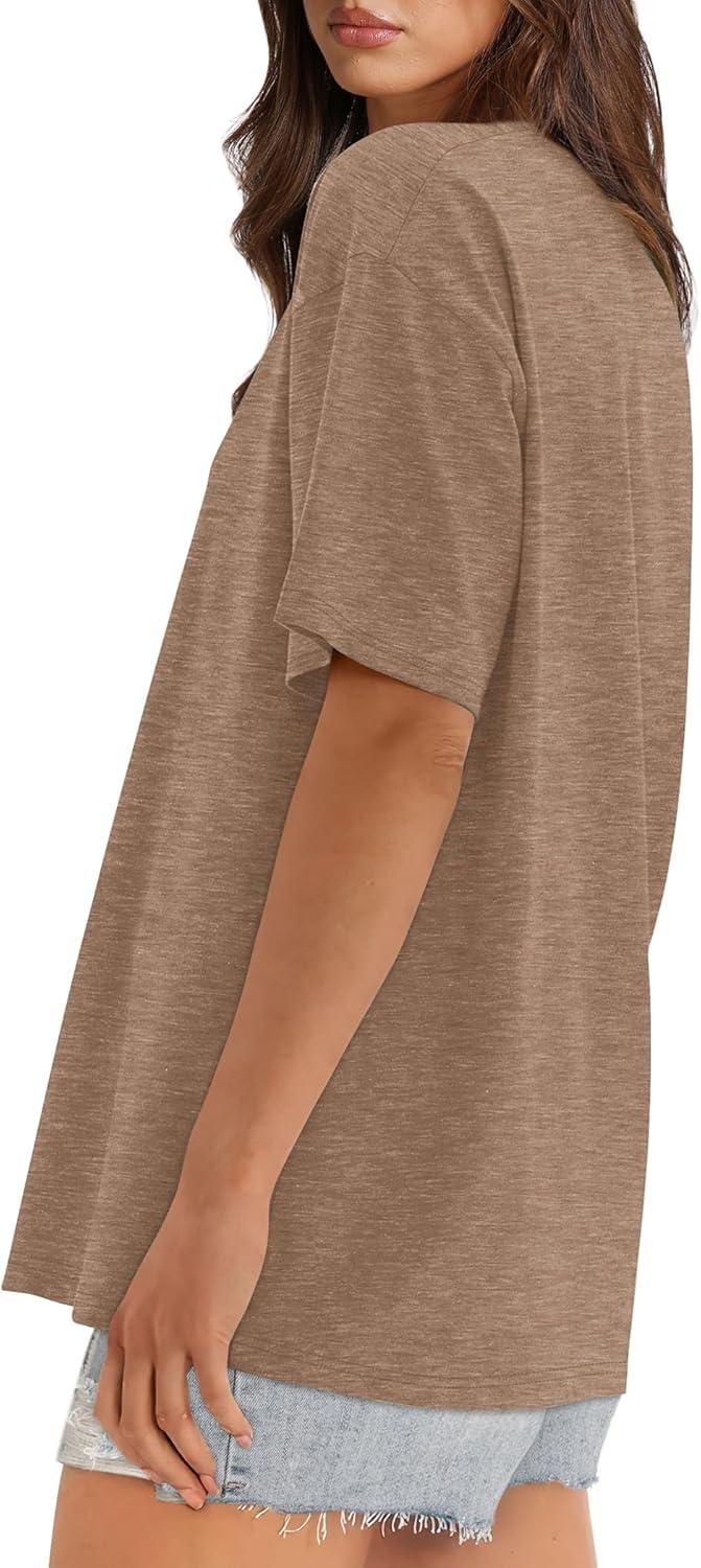 imageXIEERDUO Oversized T Shirts for Women Summer Short Sleeve Tops Loose Scook NeckBrown