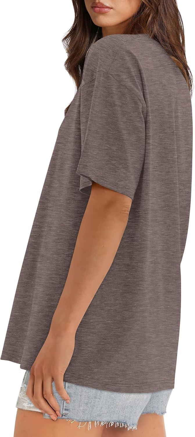 imageXIEERDUO Oversized T Shirts for Women Summer Short Sleeve Tops Loose Scook NeckBrowngrey