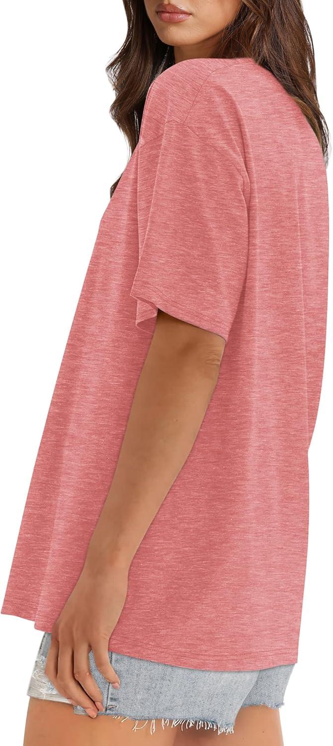 imageXIEERDUO Oversized T Shirts for Women Summer Short Sleeve Tops Loose Scook NeckCoral
