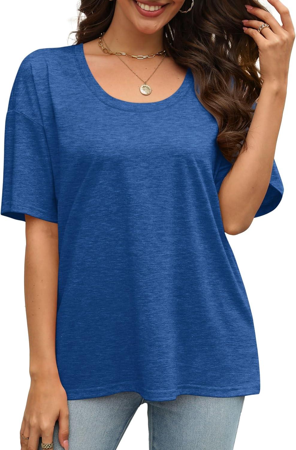 imageXIEERDUO Oversized T Shirts for Women Summer Short Sleeve Tops Loose Scook NeckDark Blue