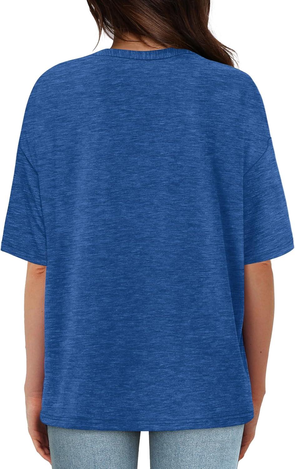 imageXIEERDUO Oversized T Shirts for Women Summer Short Sleeve Tops Loose Scook NeckDark Blue
