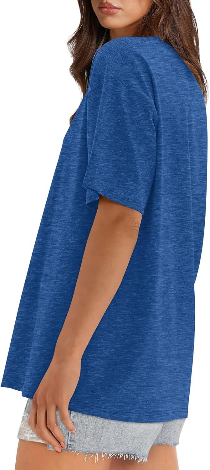 imageXIEERDUO Oversized T Shirts for Women Summer Short Sleeve Tops Loose Scook NeckDark Blue