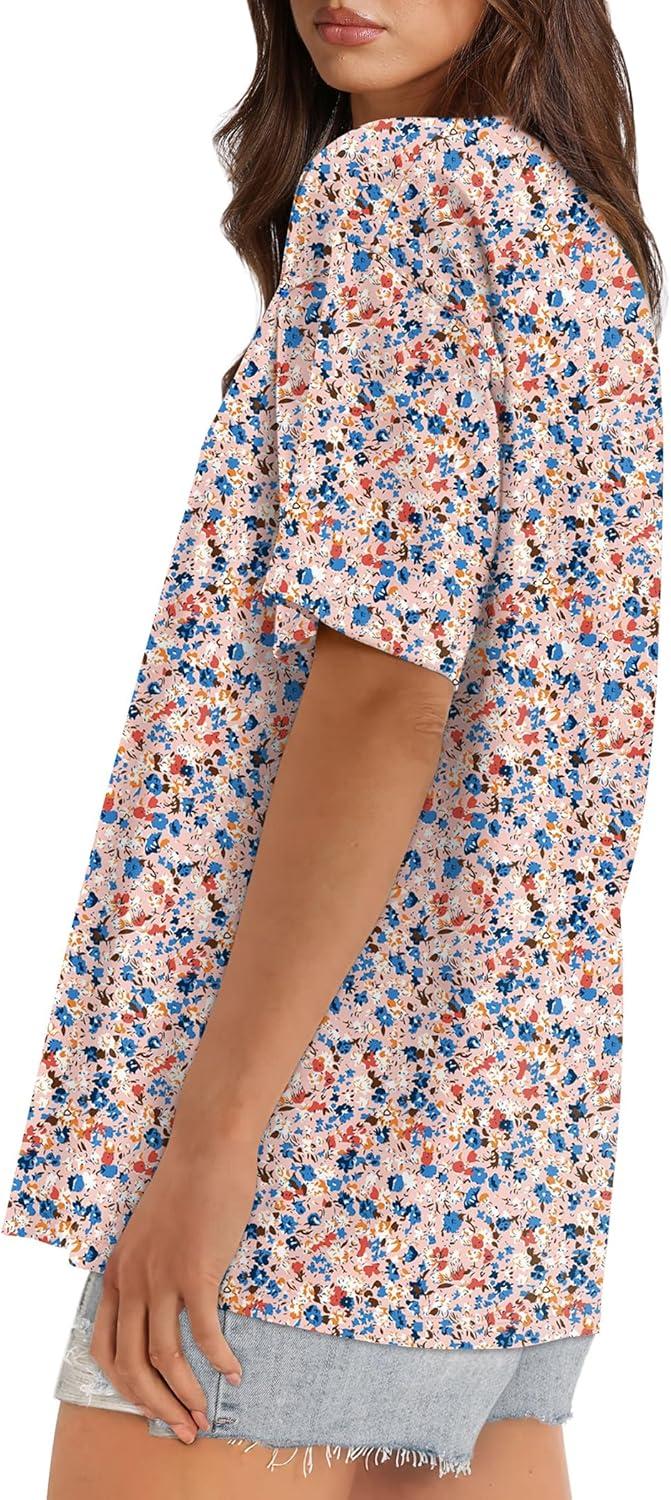 imageXIEERDUO Oversized T Shirts for Women Summer Short Sleeve Tops Loose Scook NeckFlower