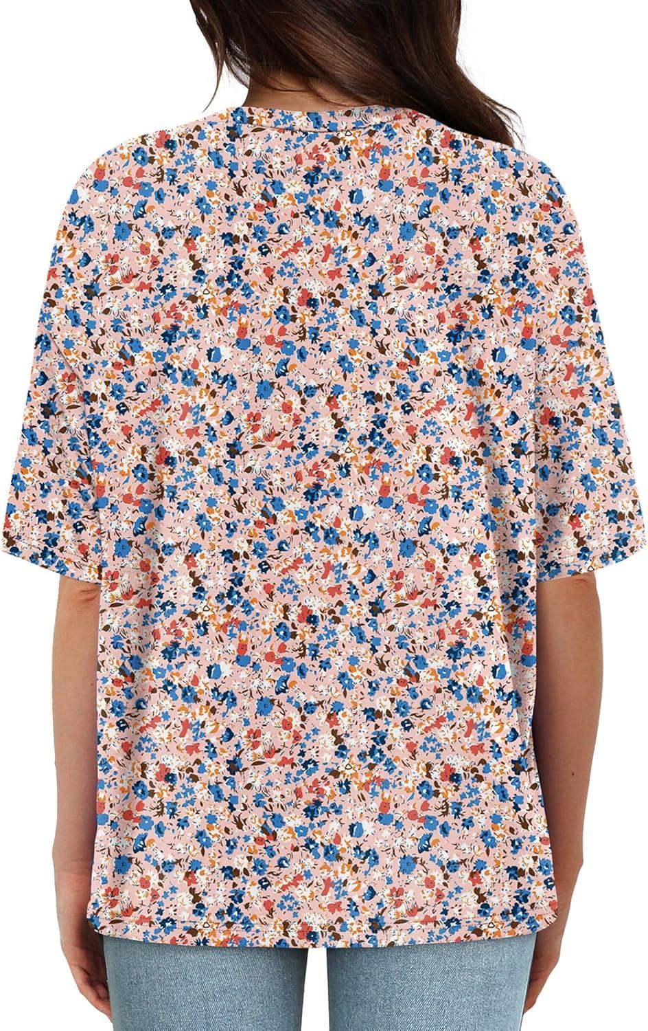 imageXIEERDUO Oversized T Shirts for Women Summer Short Sleeve Tops Loose Scook NeckFlower