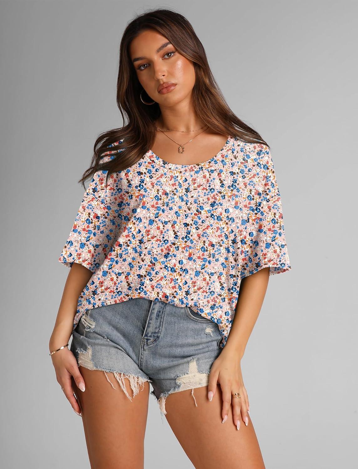 imageXIEERDUO Oversized T Shirts for Women Summer Short Sleeve Tops Loose Scook NeckFlower