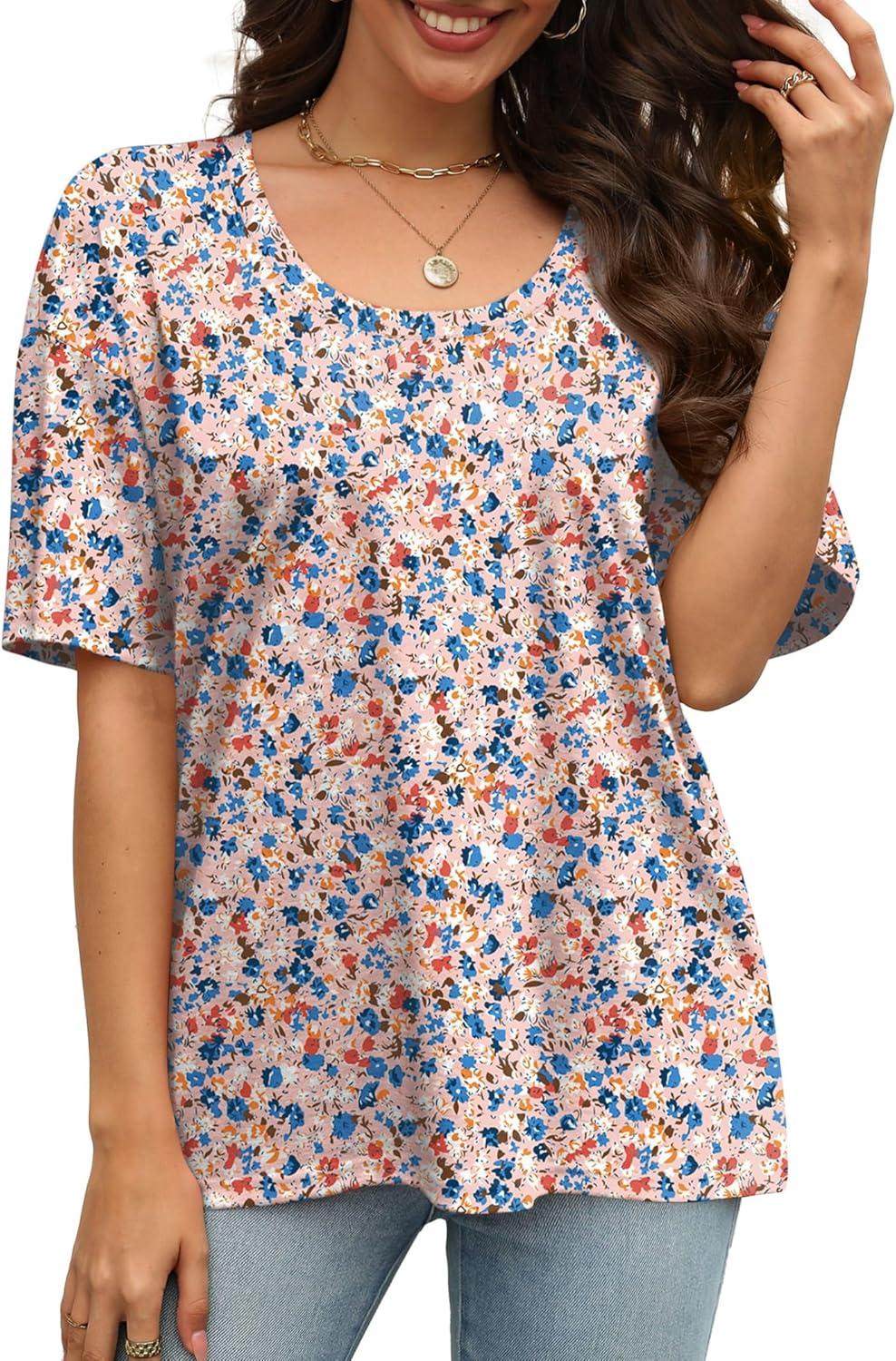 imageXIEERDUO Oversized T Shirts for Women Summer Short Sleeve Tops Loose Scook NeckFlower
