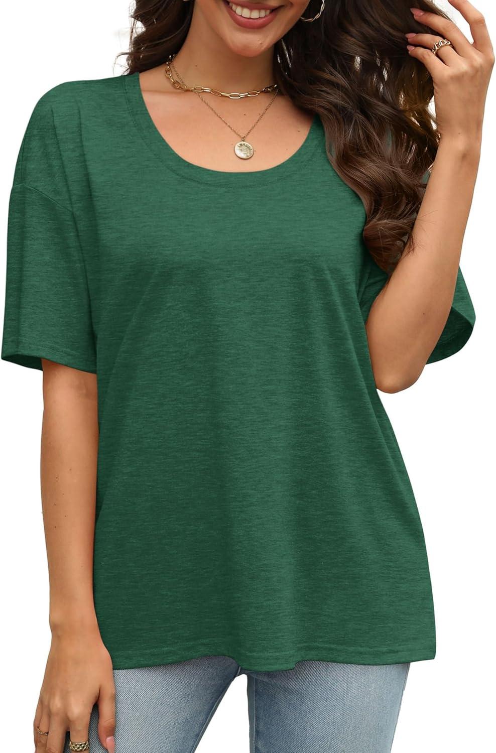 imageXIEERDUO Oversized T Shirts for Women Summer Short Sleeve Tops Loose Scook NeckGreen