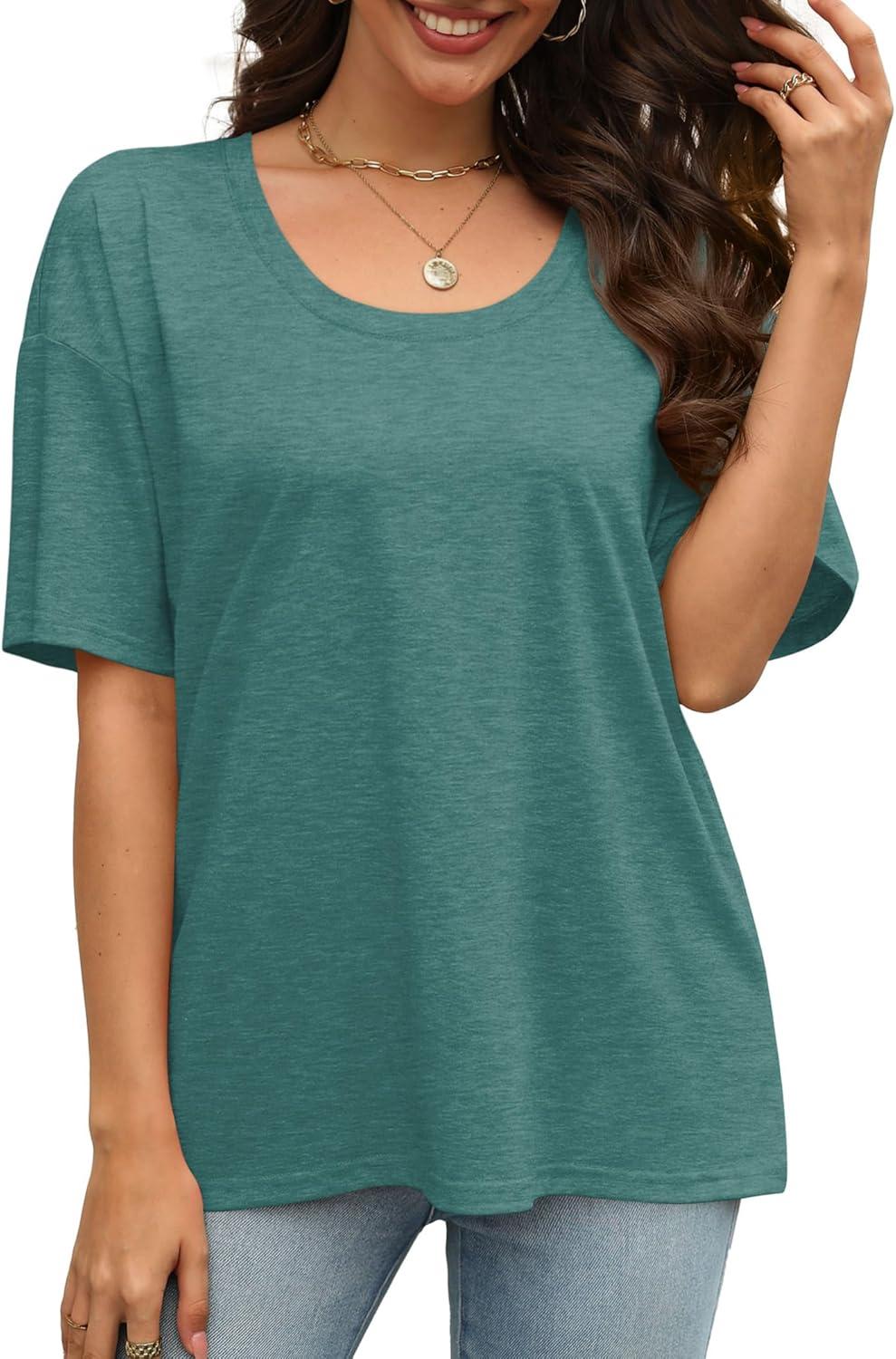 imageXIEERDUO Oversized T Shirts for Women Summer Short Sleeve Tops Loose Scook NeckGrey Green