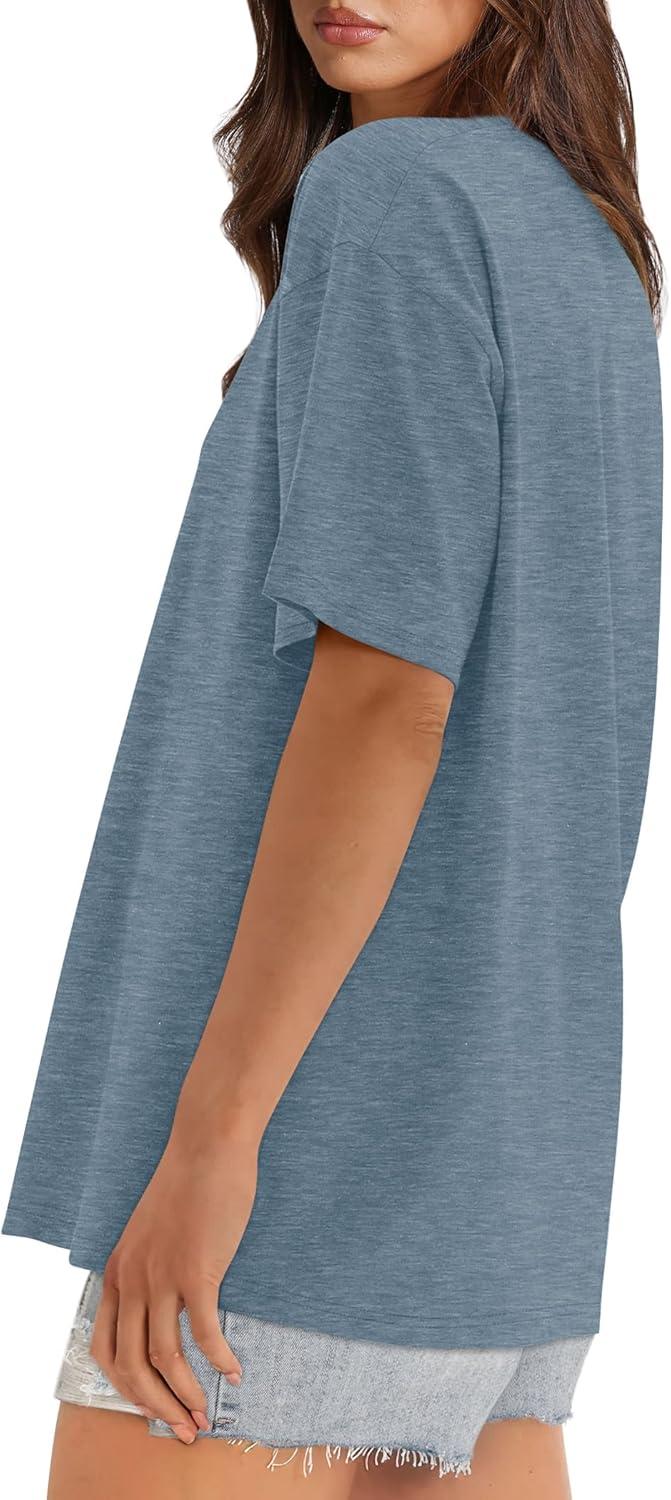 imageXIEERDUO Oversized T Shirts for Women Summer Short Sleeve Tops Loose Scook NeckGreyblue