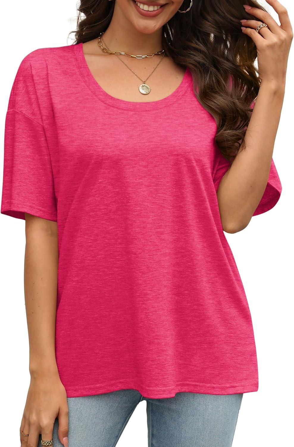 imageXIEERDUO Oversized T Shirts for Women Summer Short Sleeve Tops Loose Scook NeckHot Pink
