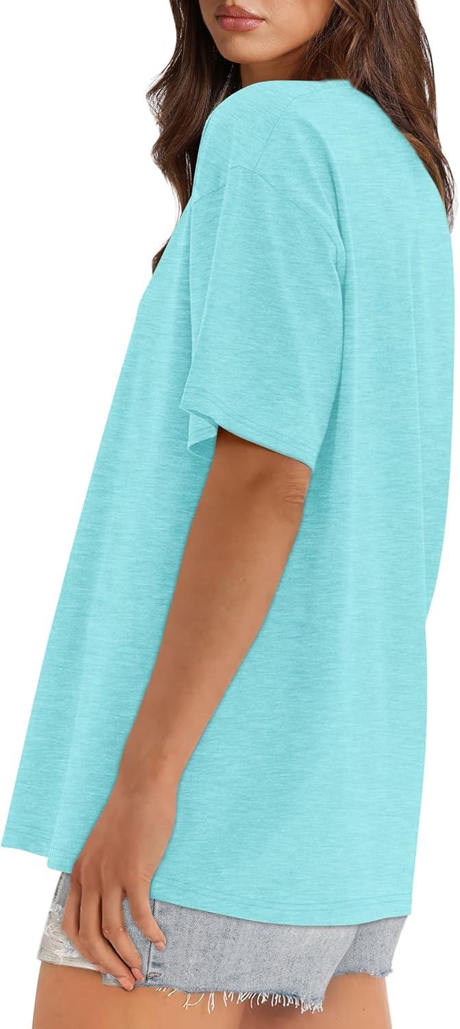 imageXIEERDUO Oversized T Shirts for Women Summer Short Sleeve Tops Loose Scook NeckLake Green