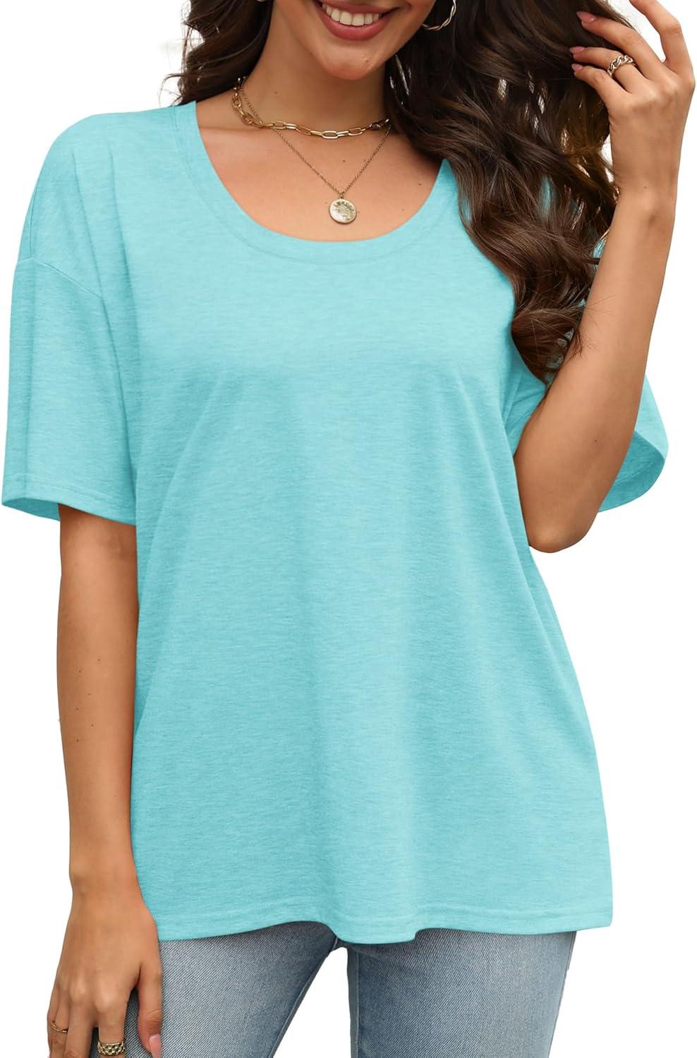 imageXIEERDUO Oversized T Shirts for Women Summer Short Sleeve Tops Loose Scook NeckLake Green