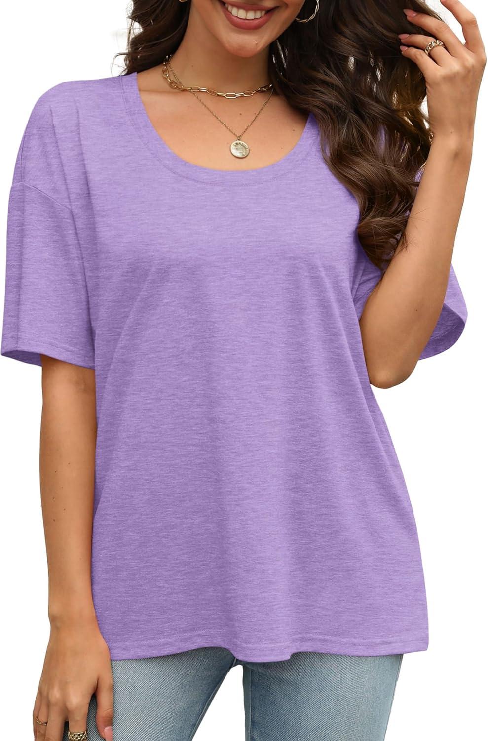 imageXIEERDUO Oversized T Shirts for Women Summer Short Sleeve Tops Loose Scook NeckLavender