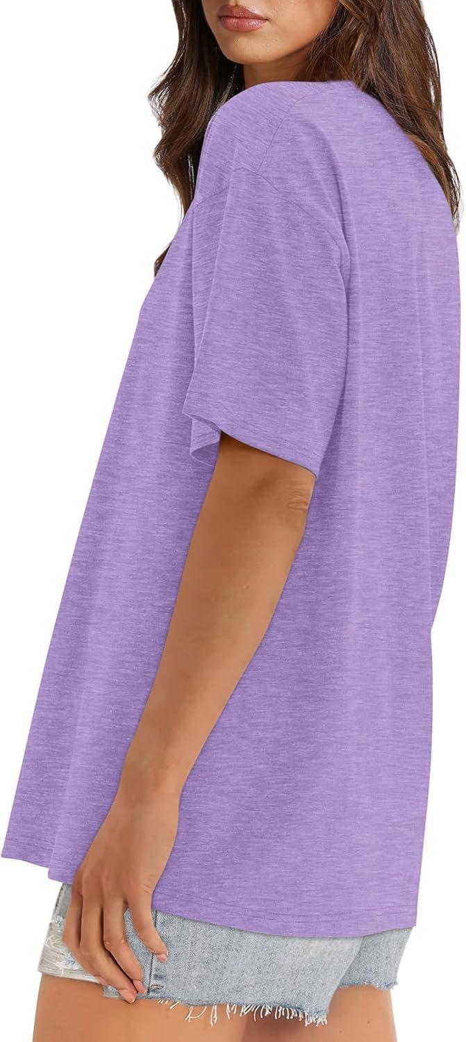 imageXIEERDUO Oversized T Shirts for Women Summer Short Sleeve Tops Loose Scook NeckLavender