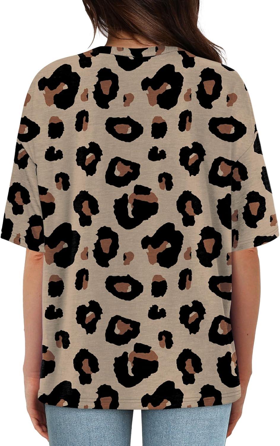 imageXIEERDUO Oversized T Shirts for Women Summer Short Sleeve Tops Loose Scook NeckLeopard