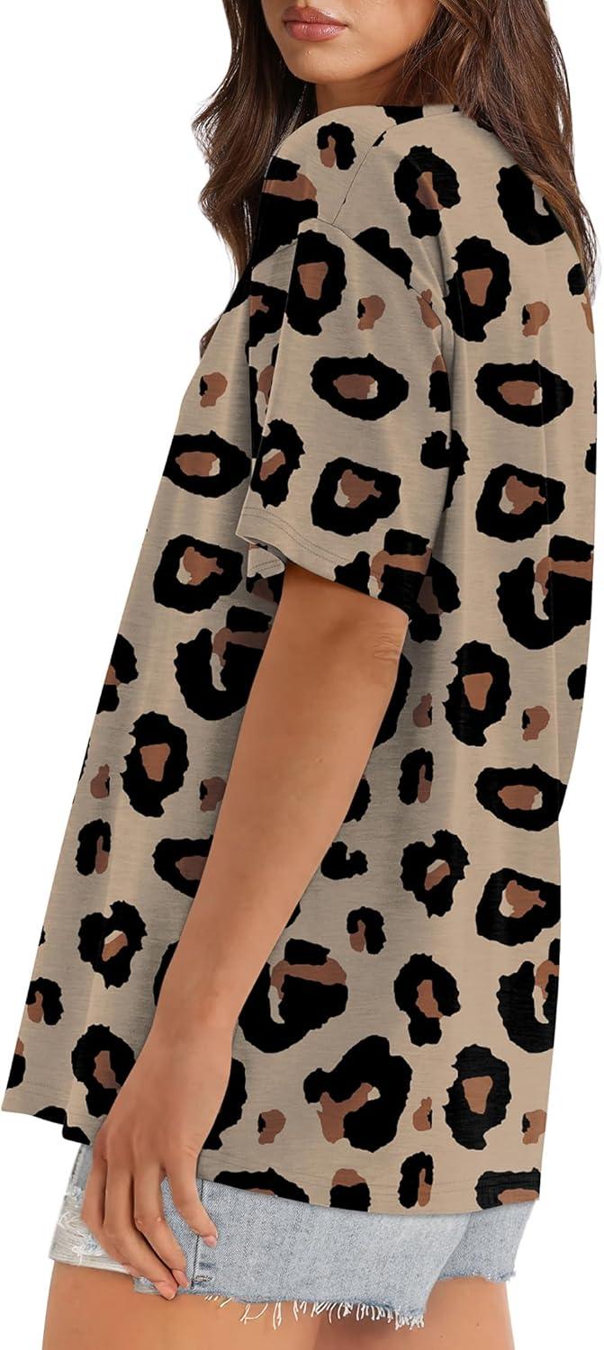 imageXIEERDUO Oversized T Shirts for Women Summer Short Sleeve Tops Loose Scook NeckLeopard