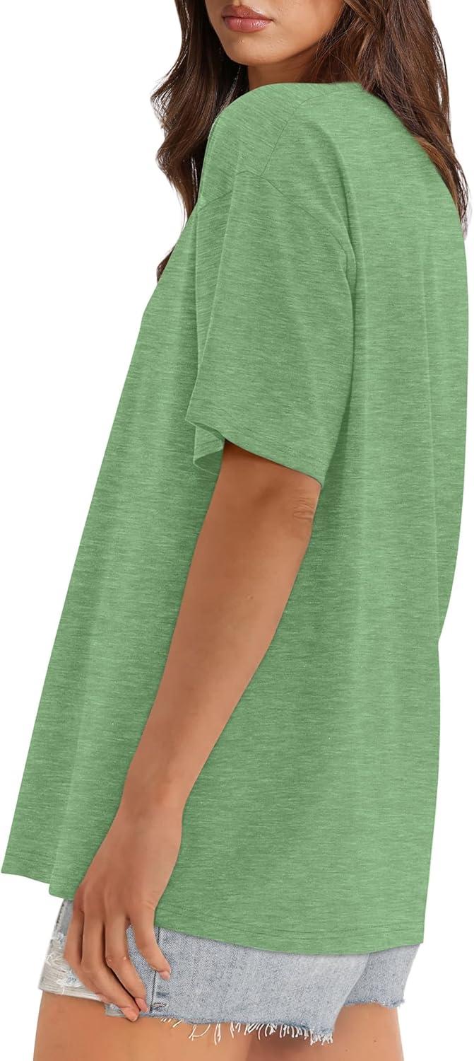 imageXIEERDUO Oversized T Shirts for Women Summer Short Sleeve Tops Loose Scook NeckLightgreen