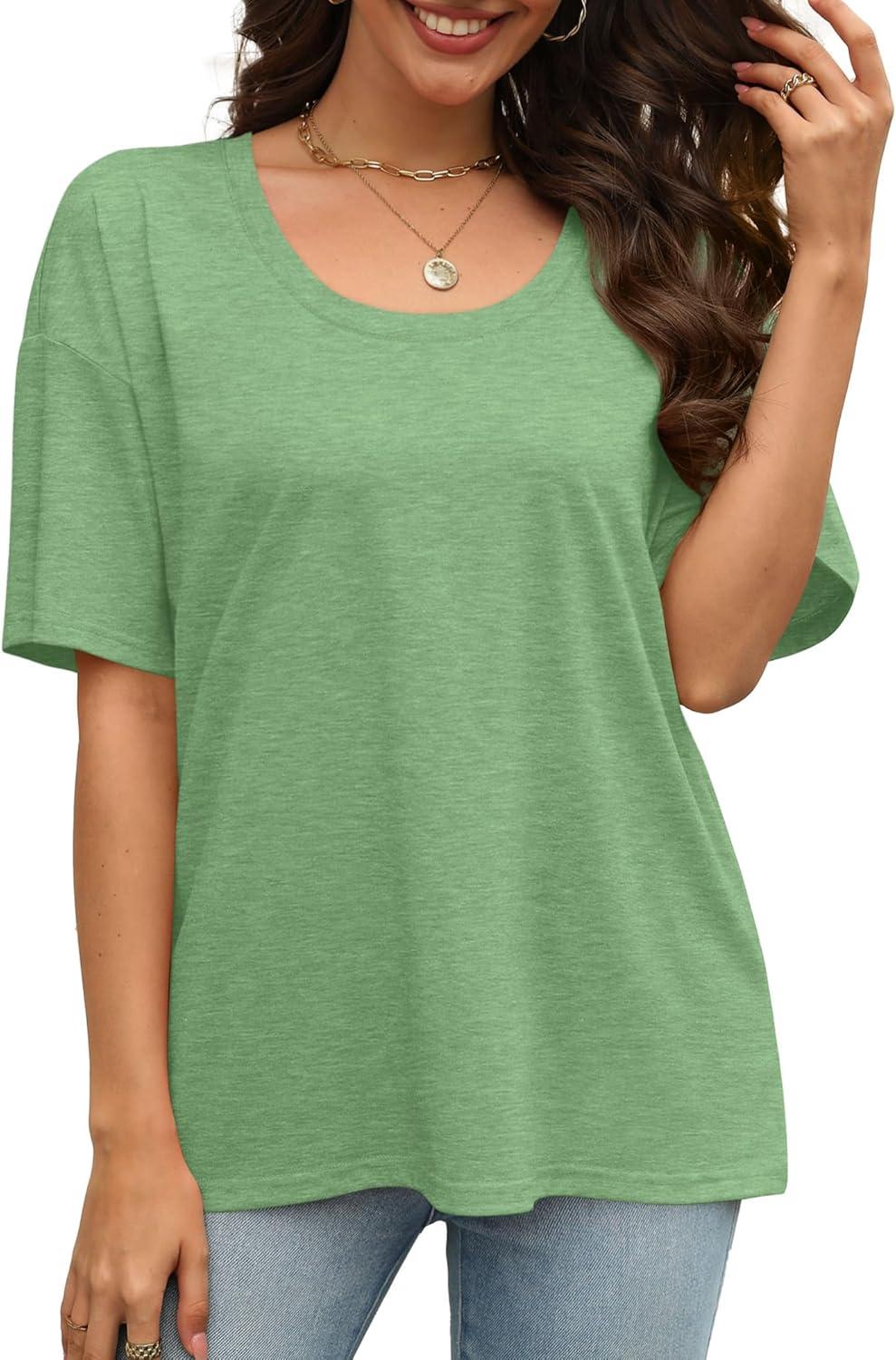 imageXIEERDUO Oversized T Shirts for Women Summer Short Sleeve Tops Loose Scook NeckLightgreen