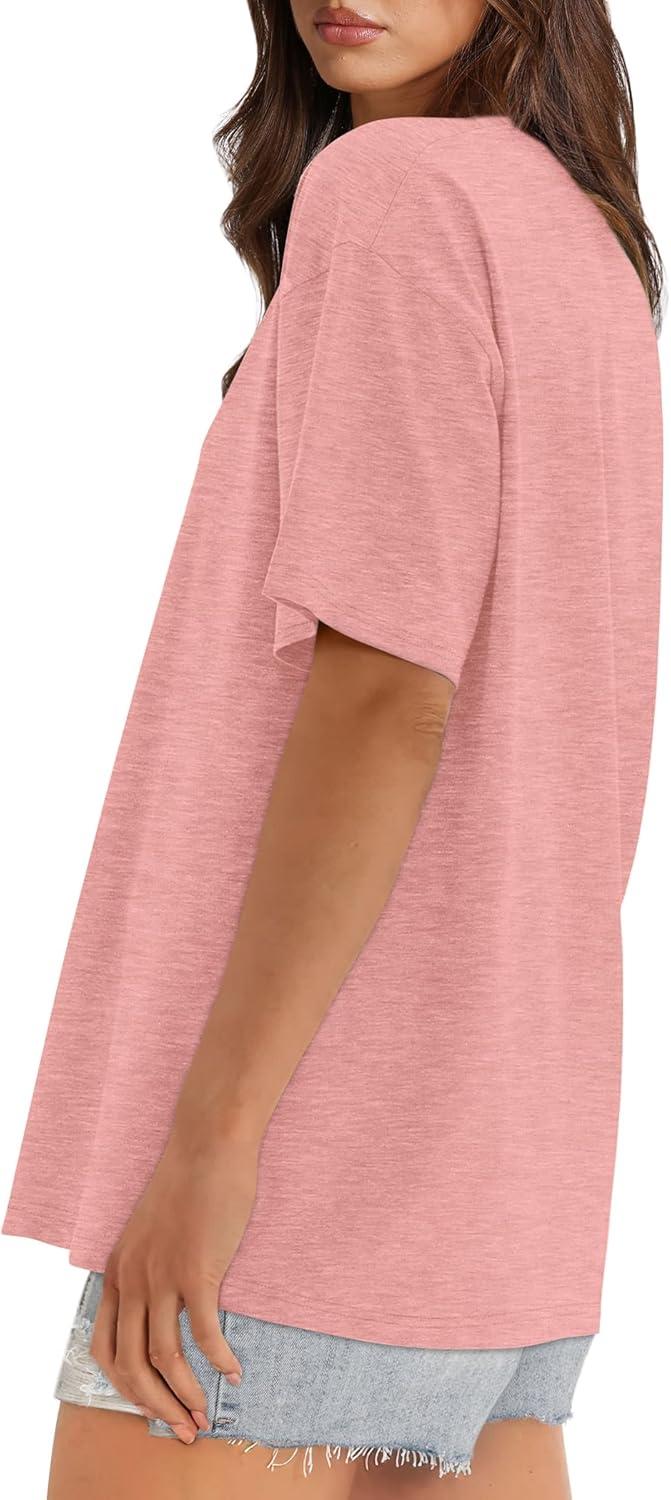 imageXIEERDUO Oversized T Shirts for Women Summer Short Sleeve Tops Loose Scook NeckPink