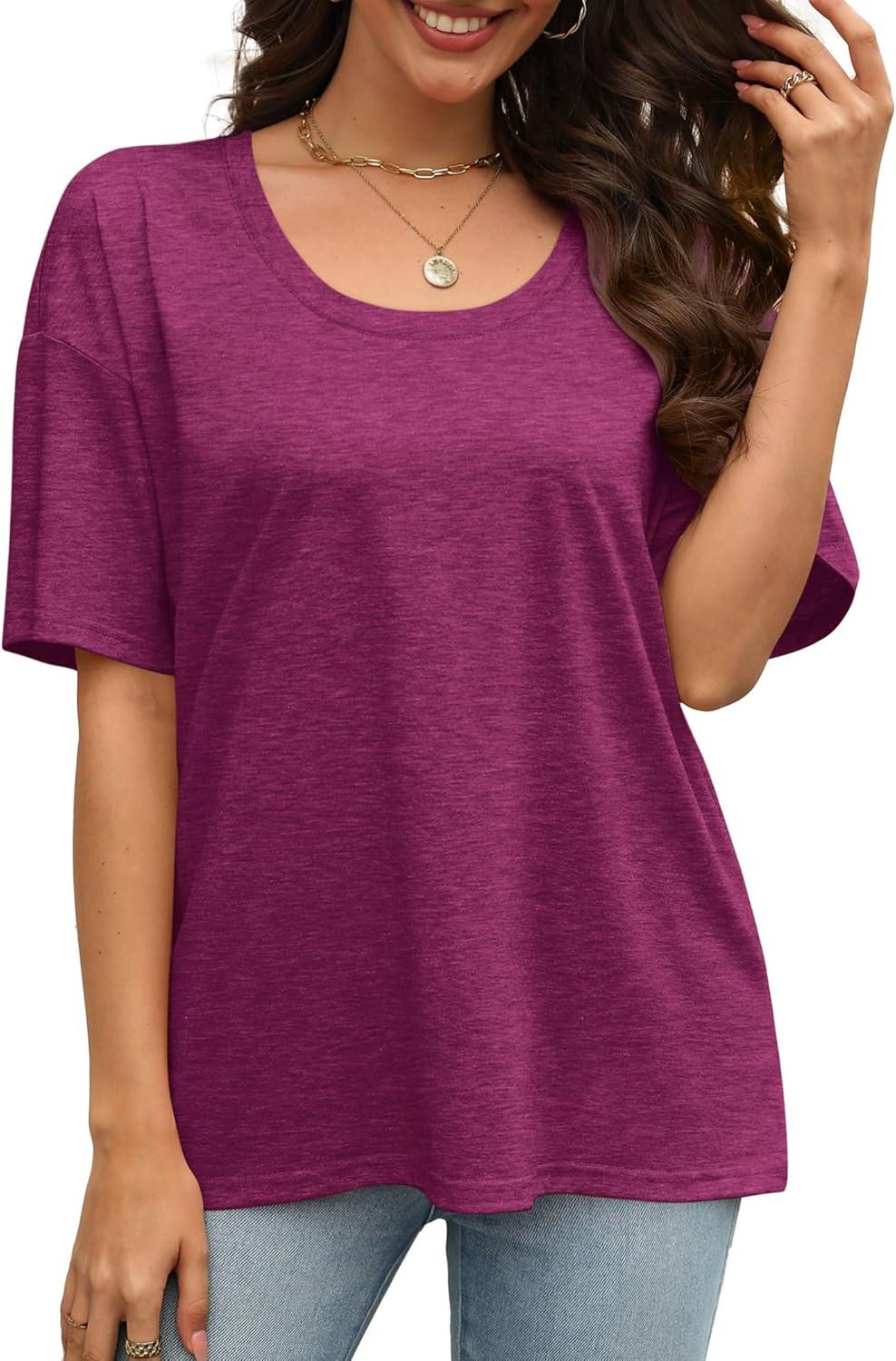 imageXIEERDUO Oversized T Shirts for Women Summer Short Sleeve Tops Loose Scook NeckPurple