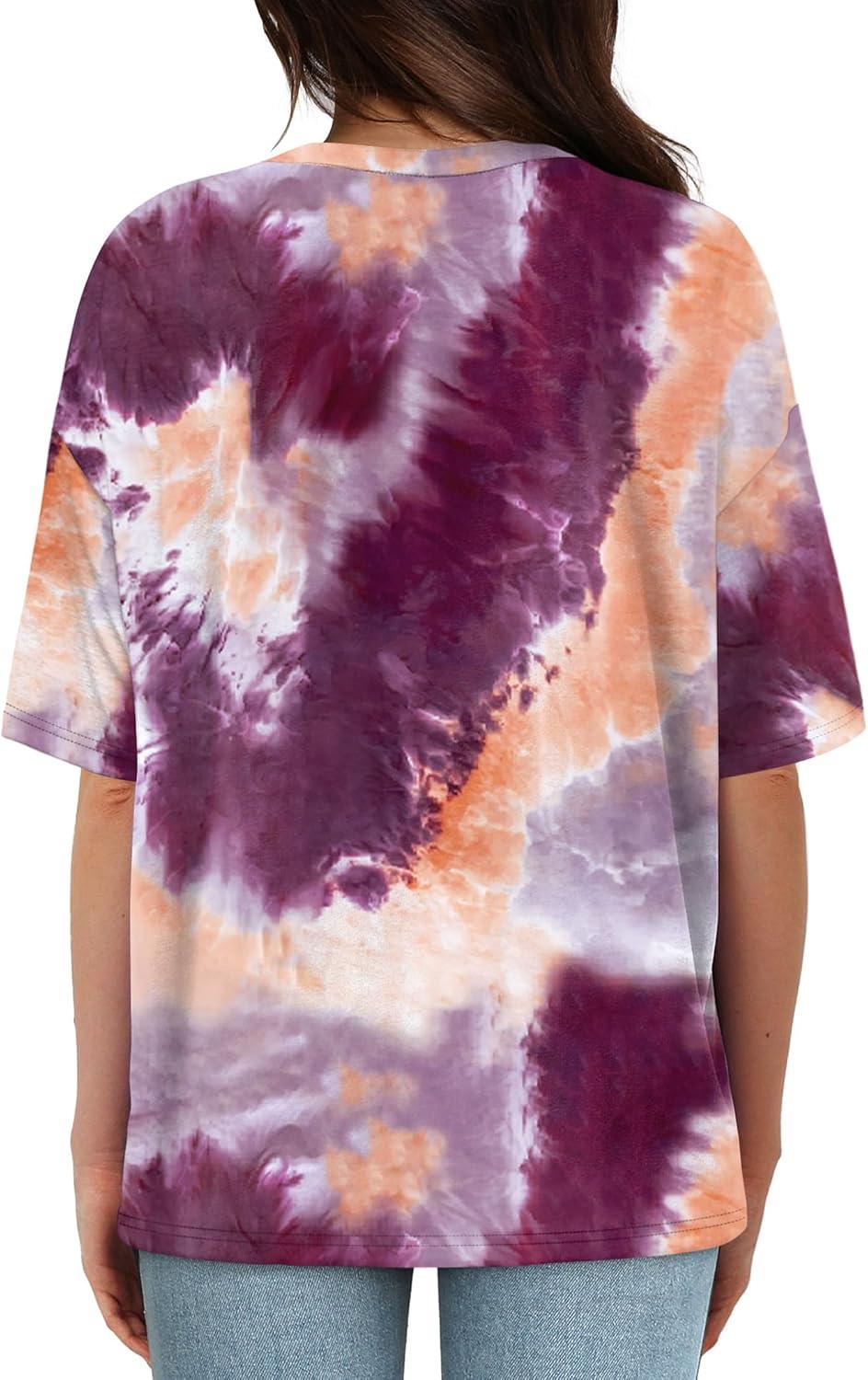 imageXIEERDUO Oversized T Shirts for Women Summer Short Sleeve Tops Loose Scook NeckTie Dye Purple