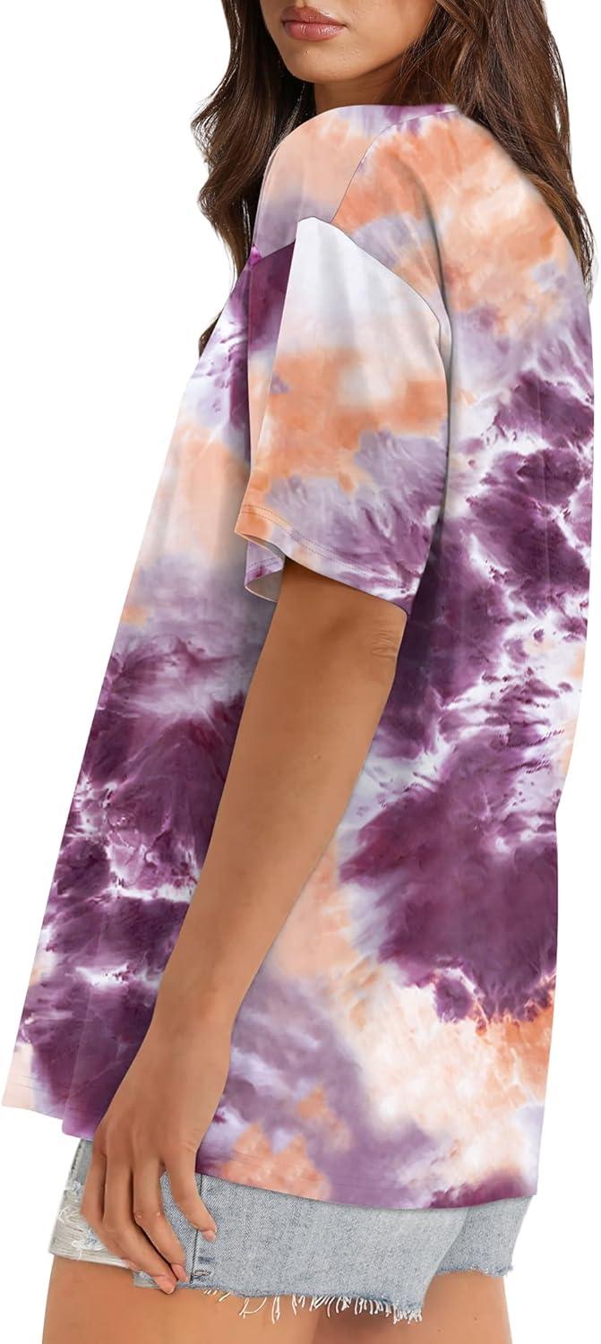 imageXIEERDUO Oversized T Shirts for Women Summer Short Sleeve Tops Loose Scook NeckTie Dye Purple