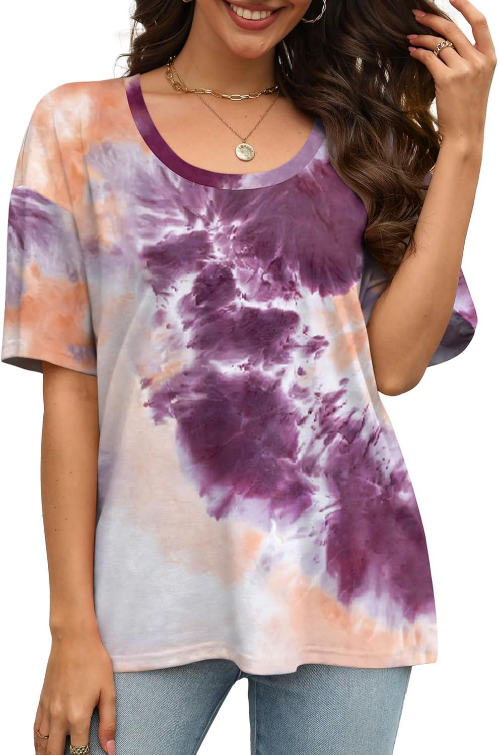 imageXIEERDUO Oversized T Shirts for Women Summer Short Sleeve Tops Loose Scook NeckTie Dye Purple