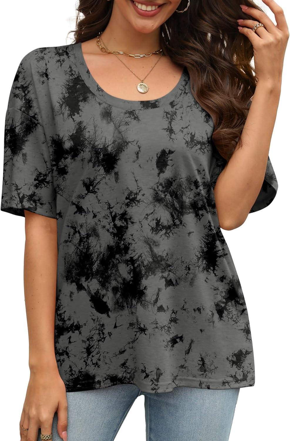 imageXIEERDUO Oversized T Shirts for Women Summer Short Sleeve Tops Loose Scook NeckTiedye
