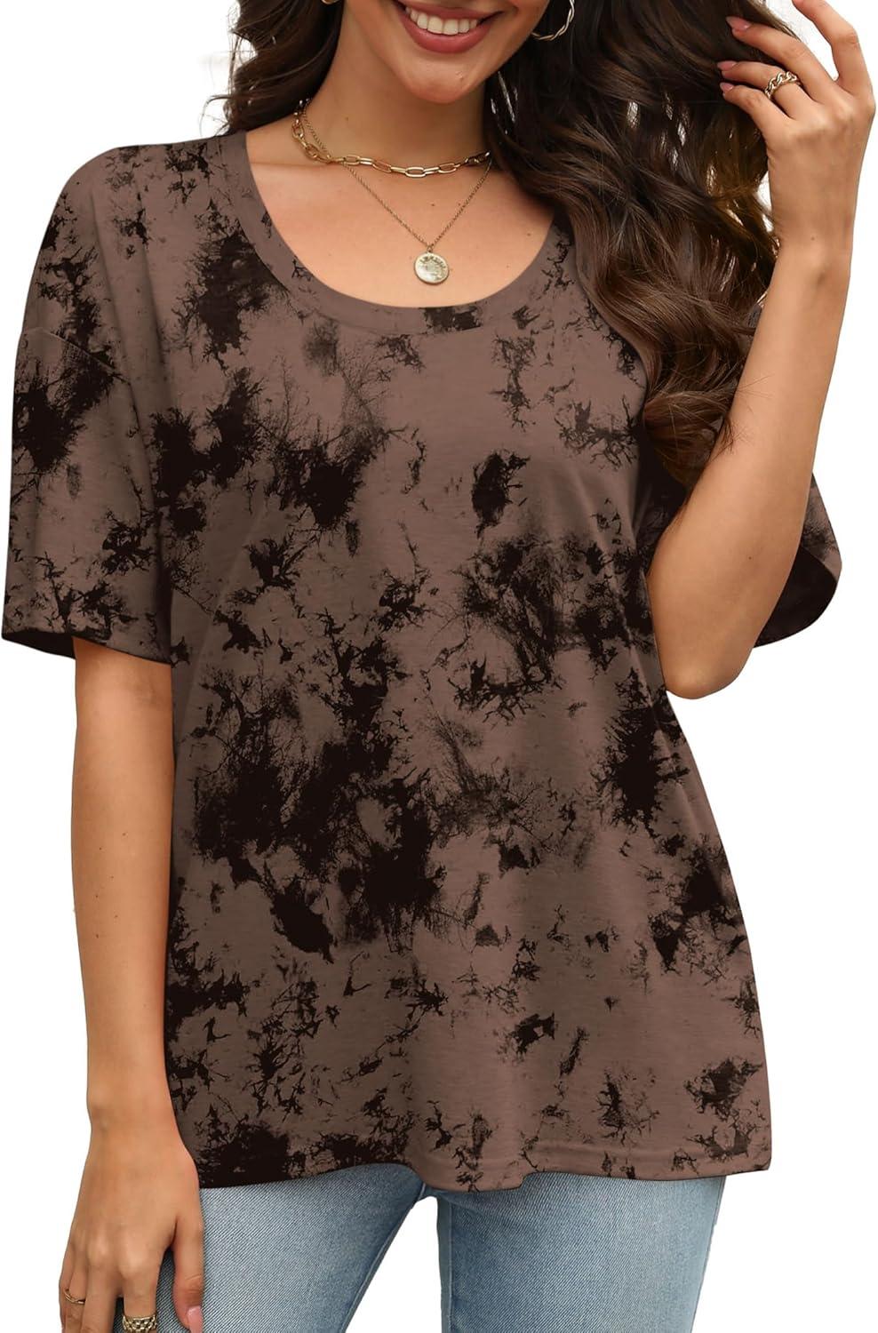 imageXIEERDUO Oversized T Shirts for Women Summer Short Sleeve Tops Loose Scook NeckTiedye2