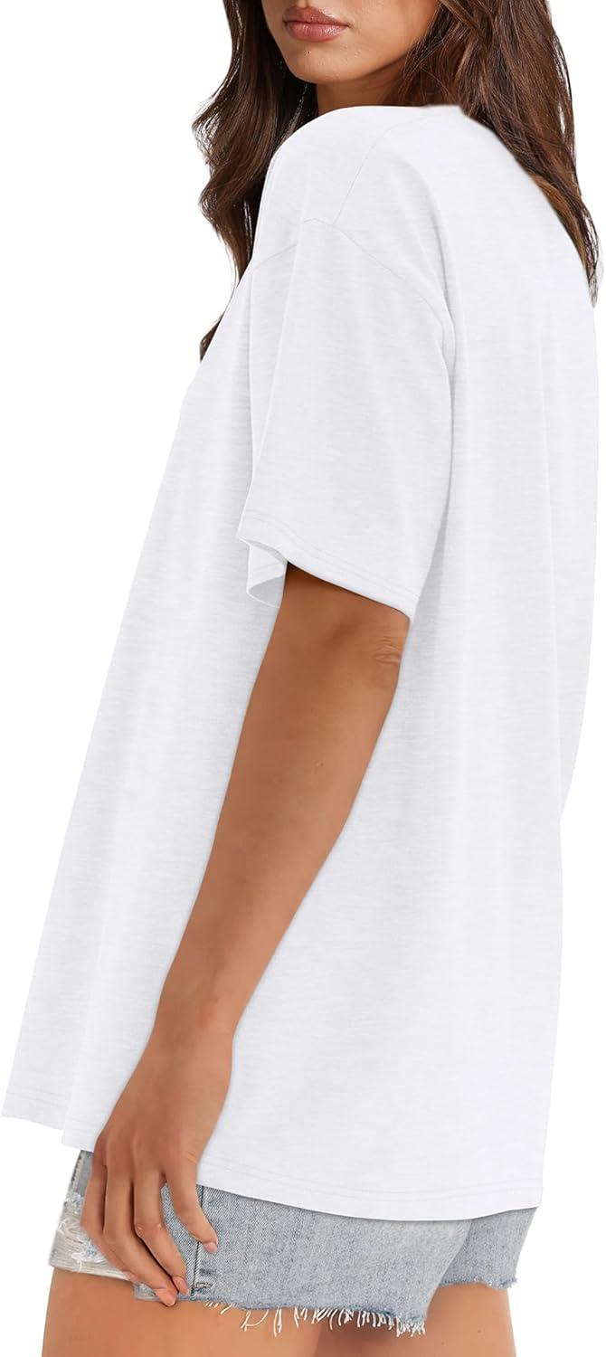 imageXIEERDUO Oversized T Shirts for Women Summer Short Sleeve Tops Loose Scook NeckWhite