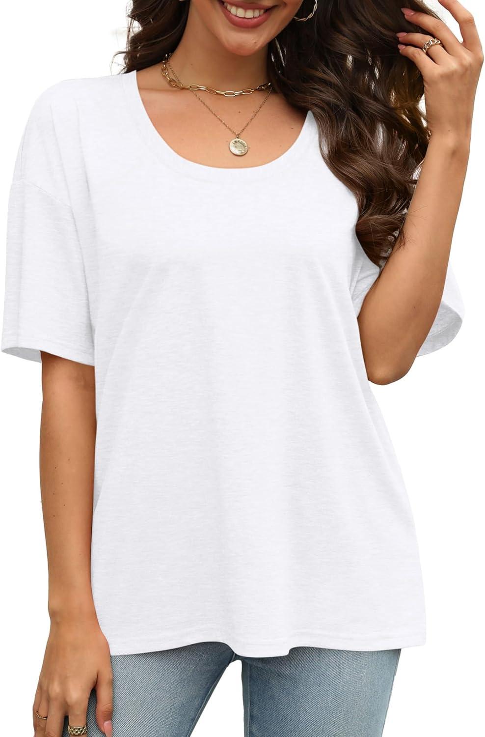 imageXIEERDUO Oversized T Shirts for Women Summer Short Sleeve Tops Loose Scook NeckWhite