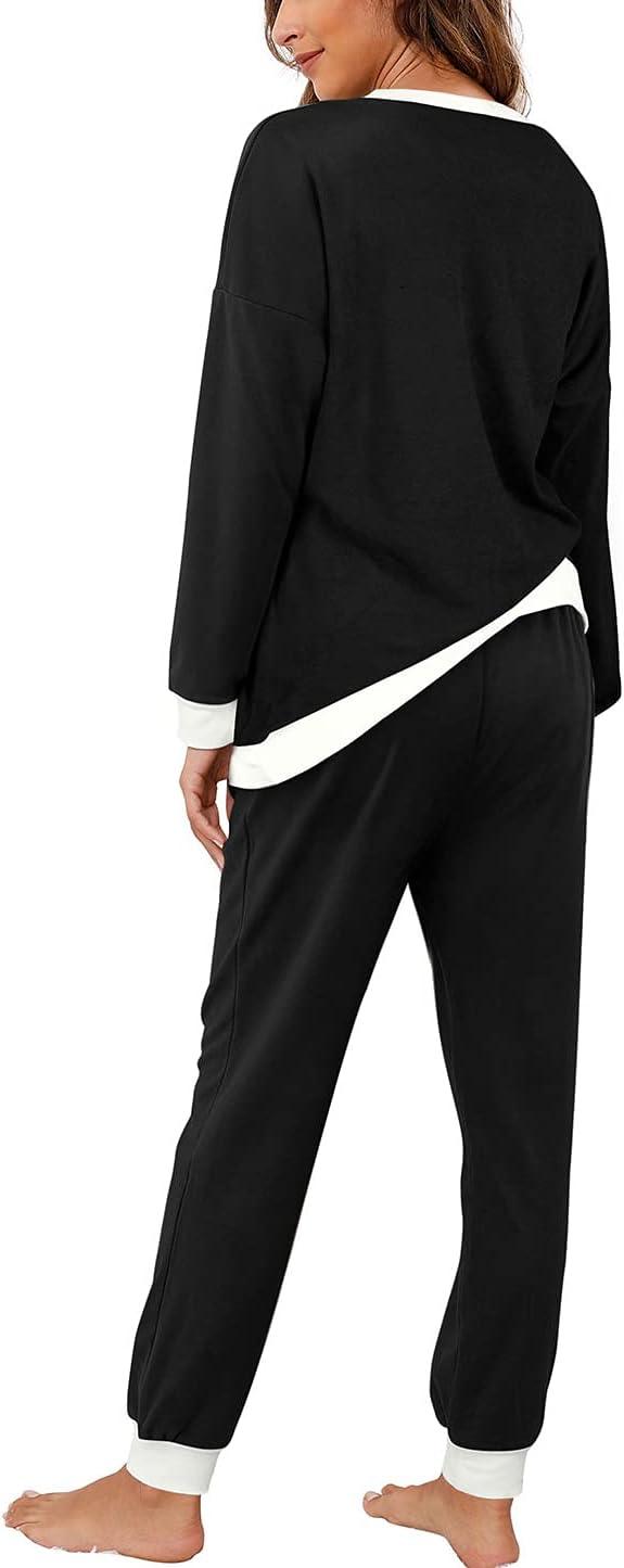 imageXIEERDUO Pajamas For Women Long Sleeve Crew Neck With Pockets Tie Dye Leopard Plaid Lounge Sets Two Piece Outfits Pj Set01black