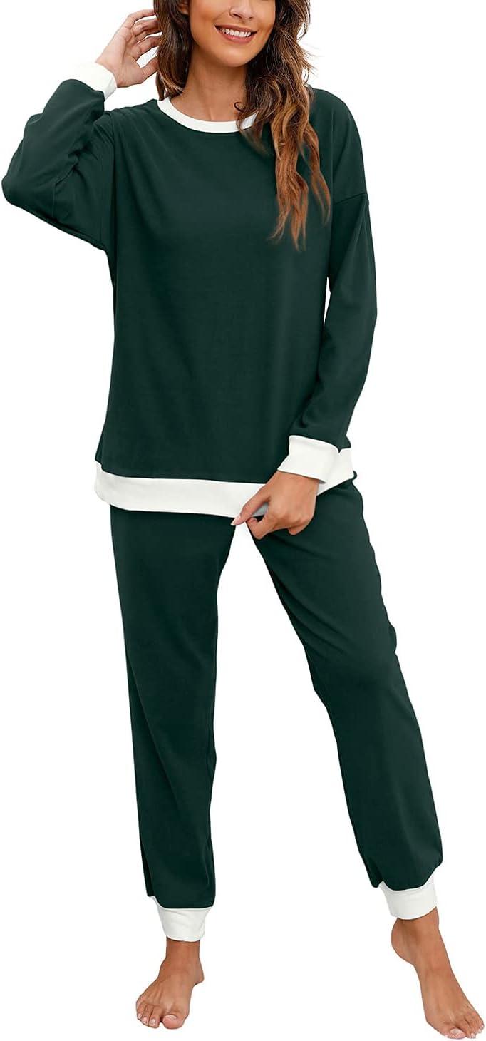 imageXIEERDUO Pajamas For Women Long Sleeve Crew Neck With Pockets Tie Dye Leopard Plaid Lounge Sets Two Piece Outfits Pj Set04green