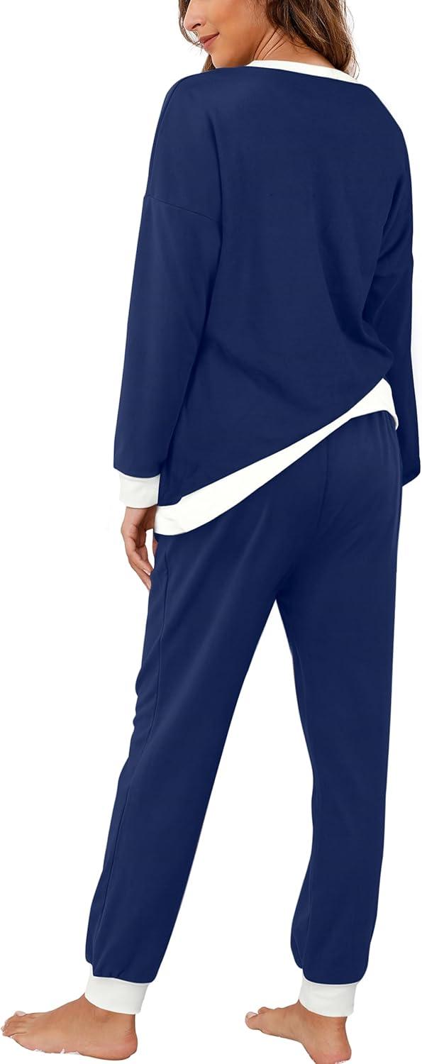 imageXIEERDUO Pajamas For Women Long Sleeve Crew Neck With Pockets Tie Dye Leopard Plaid Lounge Sets Two Piece Outfits Pj Set05navy