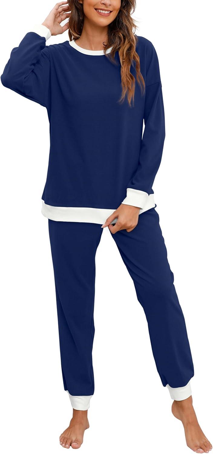 imageXIEERDUO Pajamas For Women Long Sleeve Crew Neck With Pockets Tie Dye Leopard Plaid Lounge Sets Two Piece Outfits Pj Set05navy