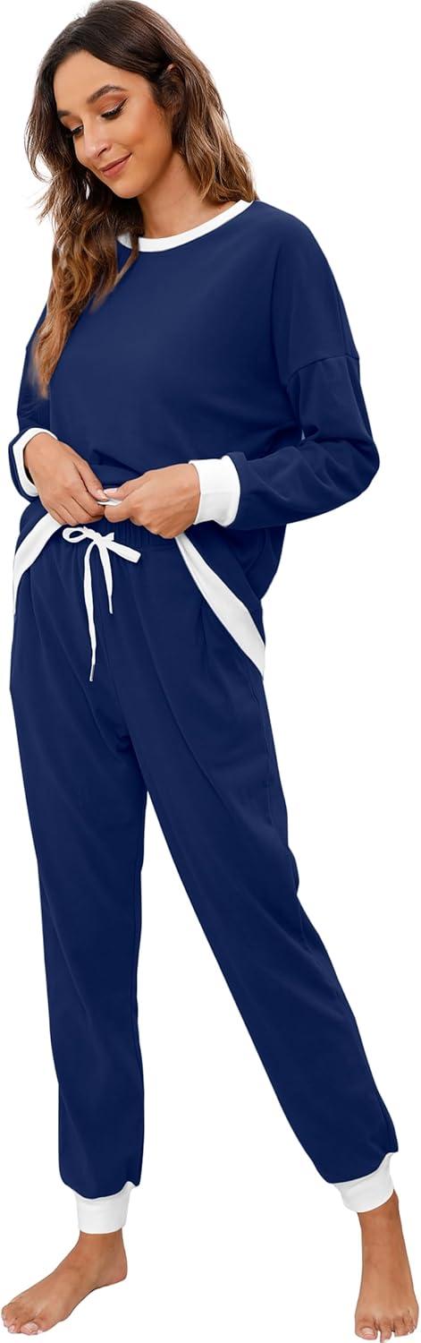 imageXIEERDUO Pajamas For Women Long Sleeve Crew Neck With Pockets Tie Dye Leopard Plaid Lounge Sets Two Piece Outfits Pj Set05navy