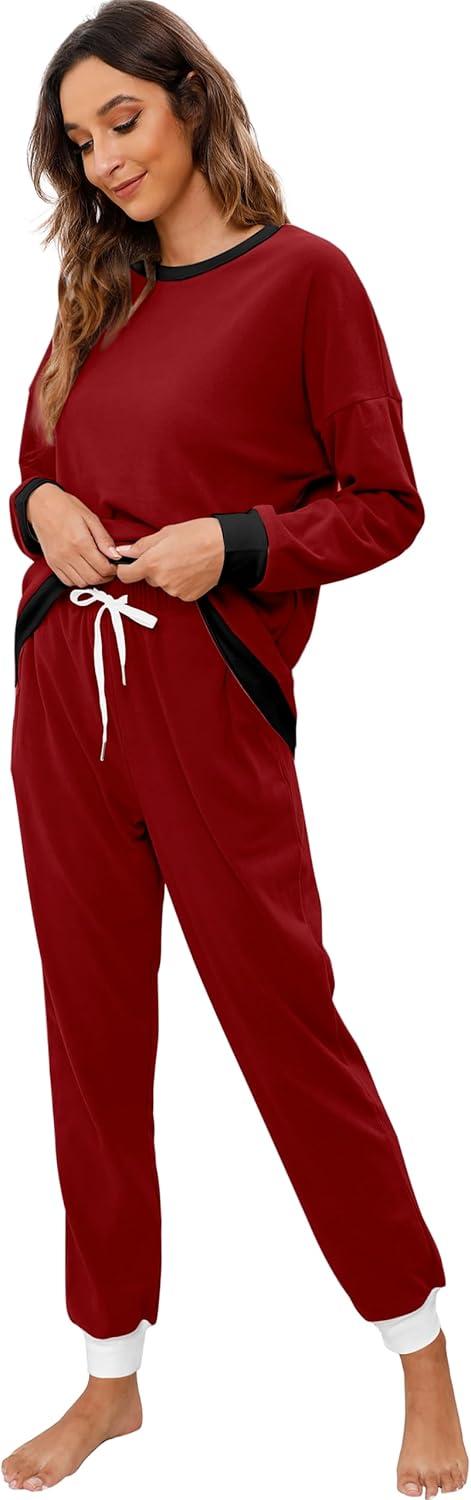 imageXIEERDUO Pajamas For Women Long Sleeve Crew Neck With Pockets Tie Dye Leopard Plaid Lounge Sets Two Piece Outfits Pj Set06wine