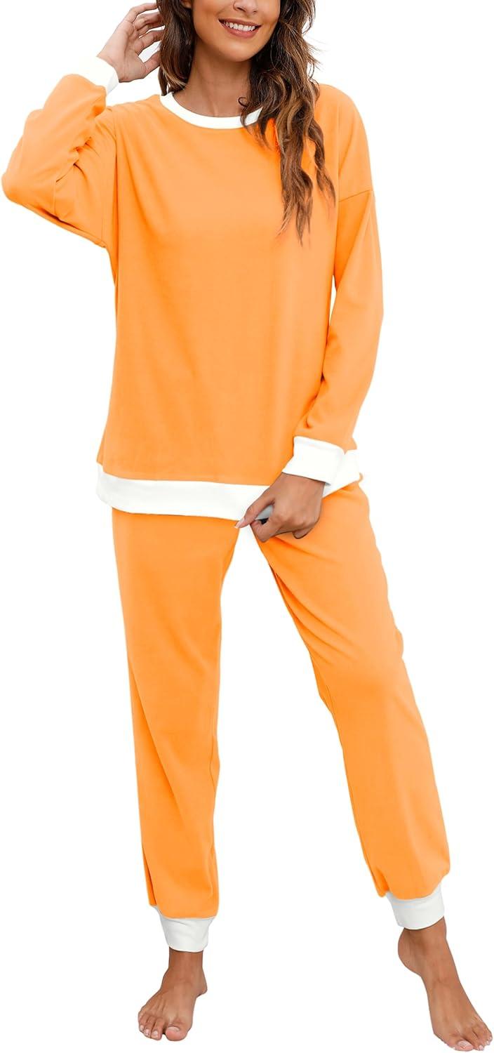 imageXIEERDUO Pajamas For Women Long Sleeve Crew Neck With Pockets Tie Dye Leopard Plaid Lounge Sets Two Piece Outfits Pj Set07orange