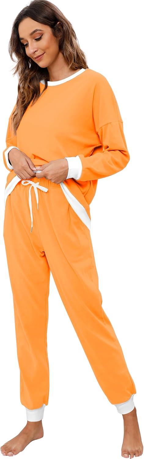 imageXIEERDUO Pajamas For Women Long Sleeve Crew Neck With Pockets Tie Dye Leopard Plaid Lounge Sets Two Piece Outfits Pj Set07orange