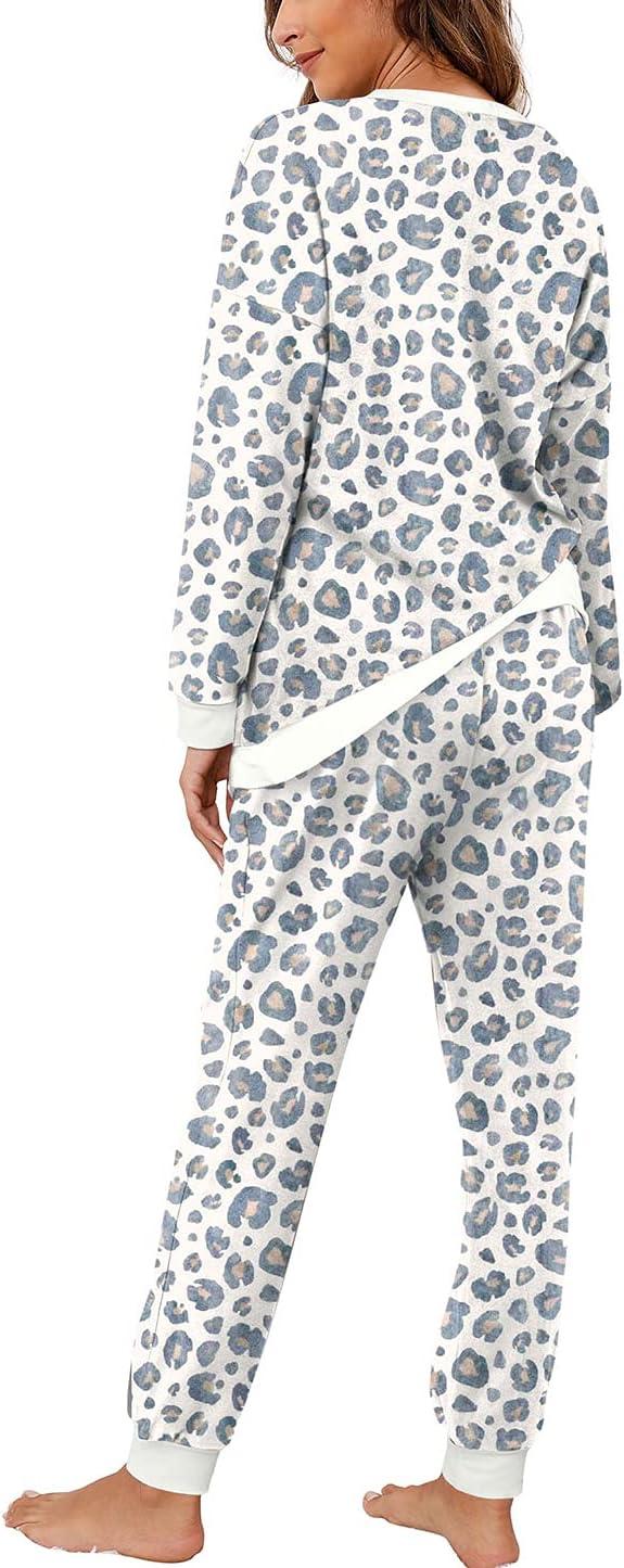 imageXIEERDUO Pajamas For Women Long Sleeve Crew Neck With Pockets Tie Dye Leopard Plaid Lounge Sets Two Piece Outfits Pj Set11white Leopard