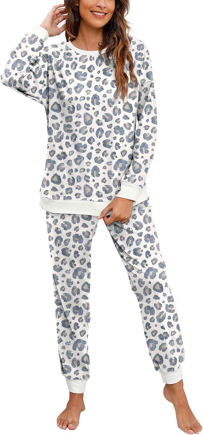 imageXIEERDUO Pajamas For Women Long Sleeve Crew Neck With Pockets Tie Dye Leopard Plaid Lounge Sets Two Piece Outfits Pj Set11white Leopard