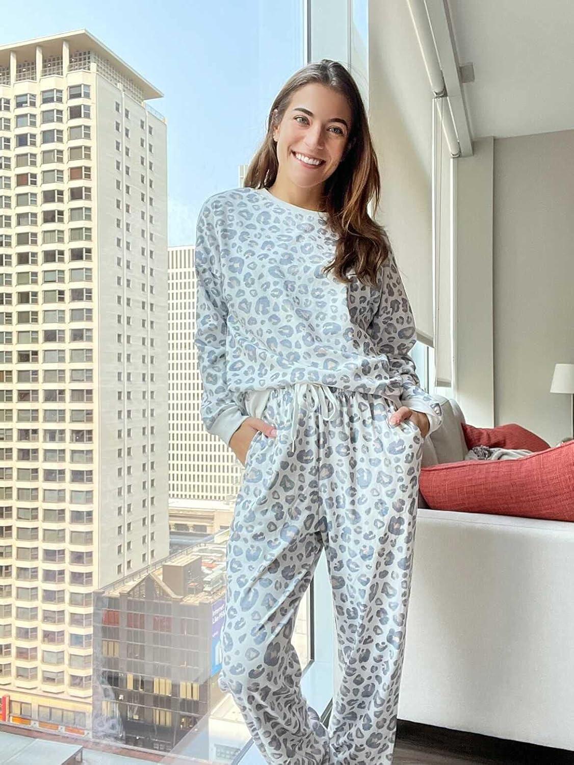 imageXIEERDUO Pajamas For Women Long Sleeve Crew Neck With Pockets Tie Dye Leopard Plaid Lounge Sets Two Piece Outfits Pj Set11white Leopard