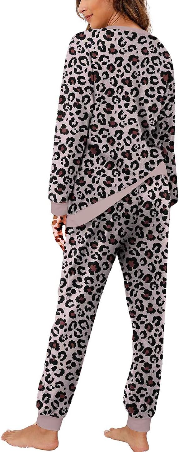 imageXIEERDUO Pajamas For Women Long Sleeve Crew Neck With Pockets Tie Dye Leopard Plaid Lounge Sets Two Piece Outfits Pj Set12pink Leopard
