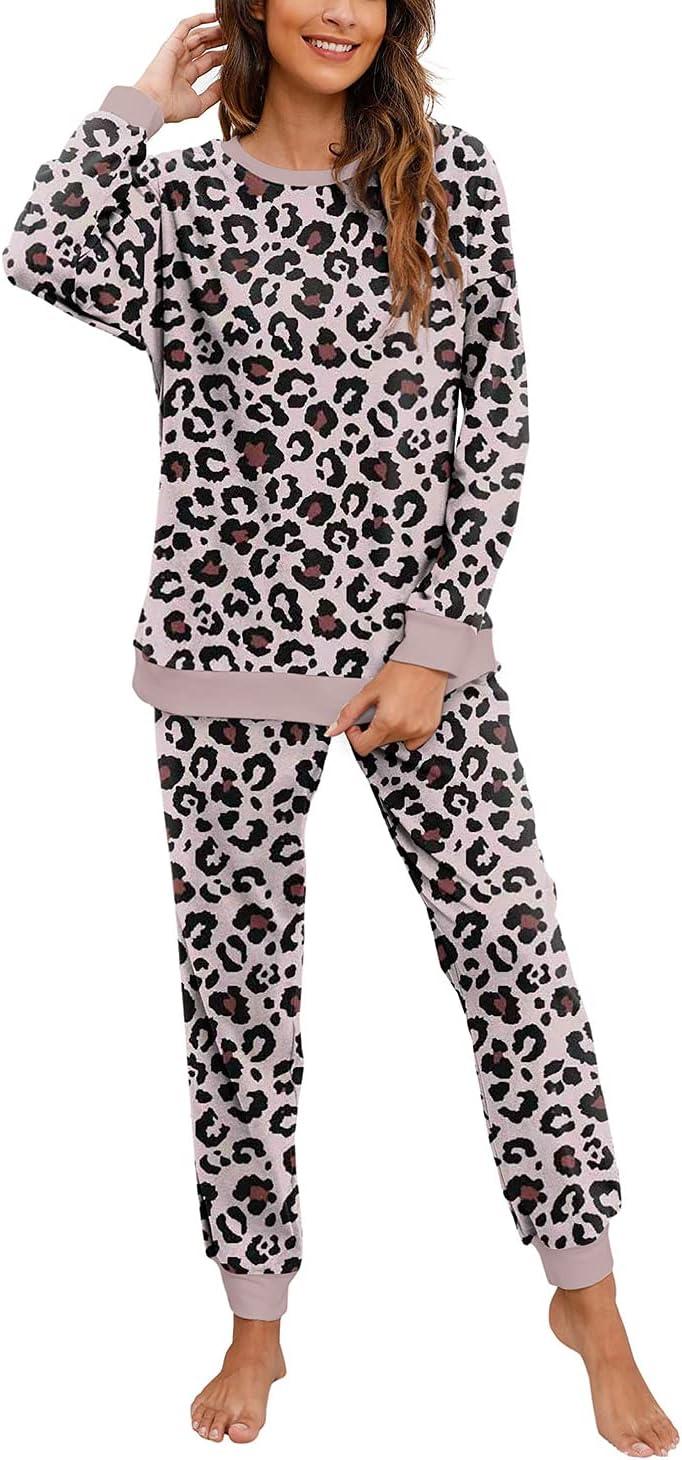 imageXIEERDUO Pajamas For Women Long Sleeve Crew Neck With Pockets Tie Dye Leopard Plaid Lounge Sets Two Piece Outfits Pj Set12pink Leopard