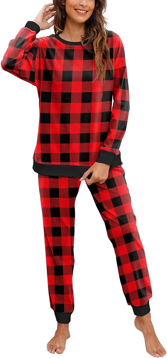 imageXIEERDUO Pajamas For Women Long Sleeve Crew Neck With Pockets Tie Dye Leopard Plaid Lounge Sets Two Piece Outfits Pj Set21red Plaid
