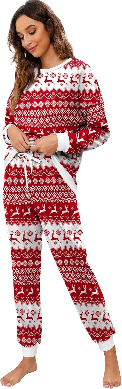 imageXIEERDUO Pajamas For Women Long Sleeve Crew Neck With Pockets Tie Dye Leopard Plaid Lounge Sets Two Piece Outfits Pj Set24red Deer