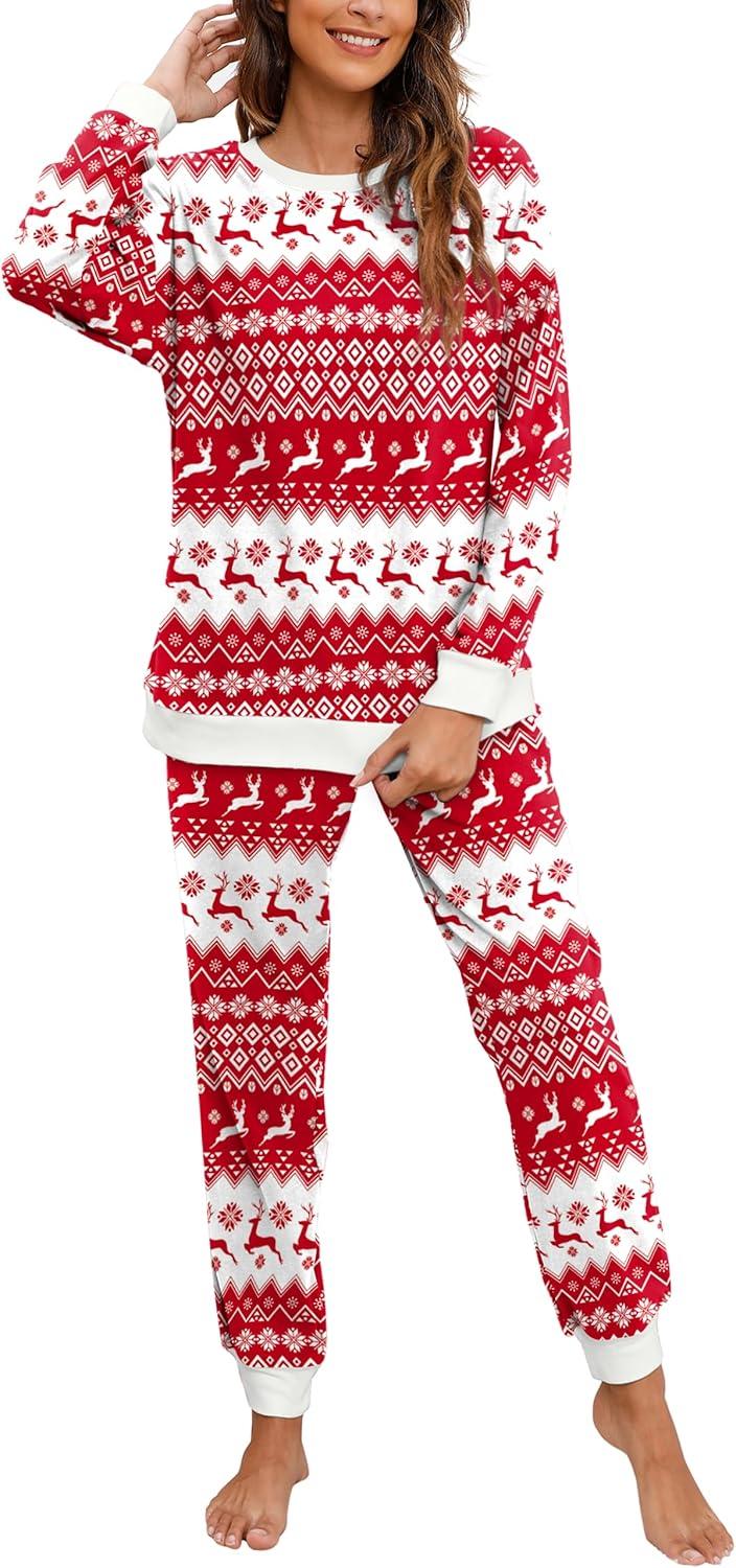 imageXIEERDUO Pajamas For Women Long Sleeve Crew Neck With Pockets Tie Dye Leopard Plaid Lounge Sets Two Piece Outfits Pj Set24red Deer