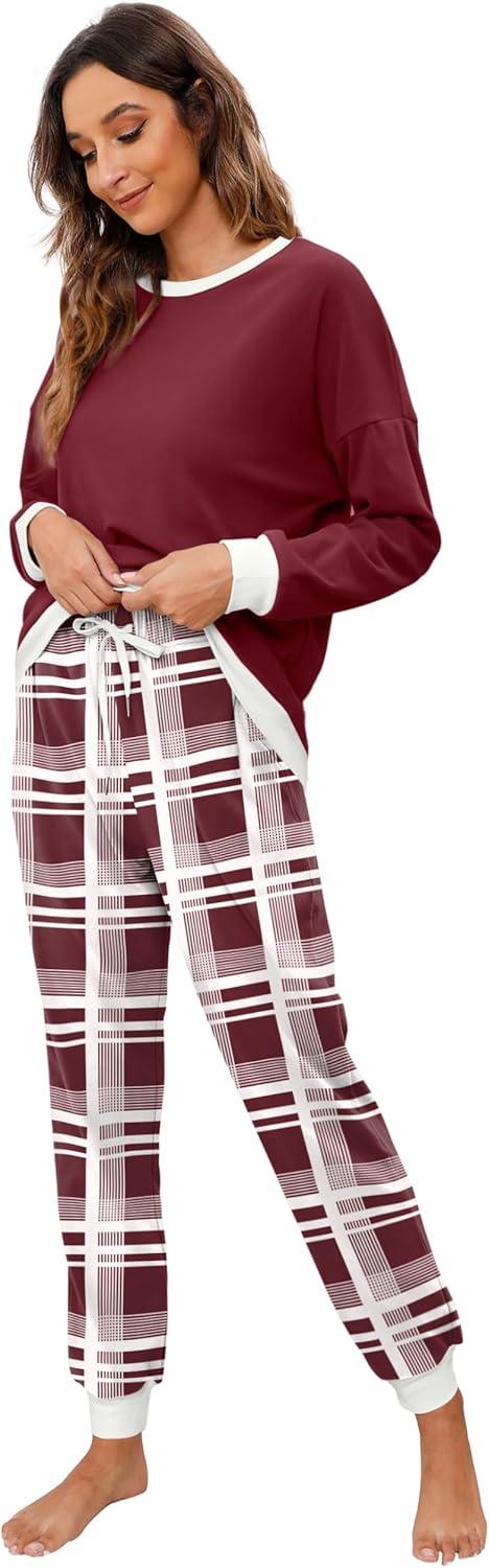 imageXIEERDUO Pajamas For Women Long Sleeve Crew Neck With Pockets Tie Dye Leopard Plaid Lounge Sets Two Piece Outfits Pj Set25mix Red