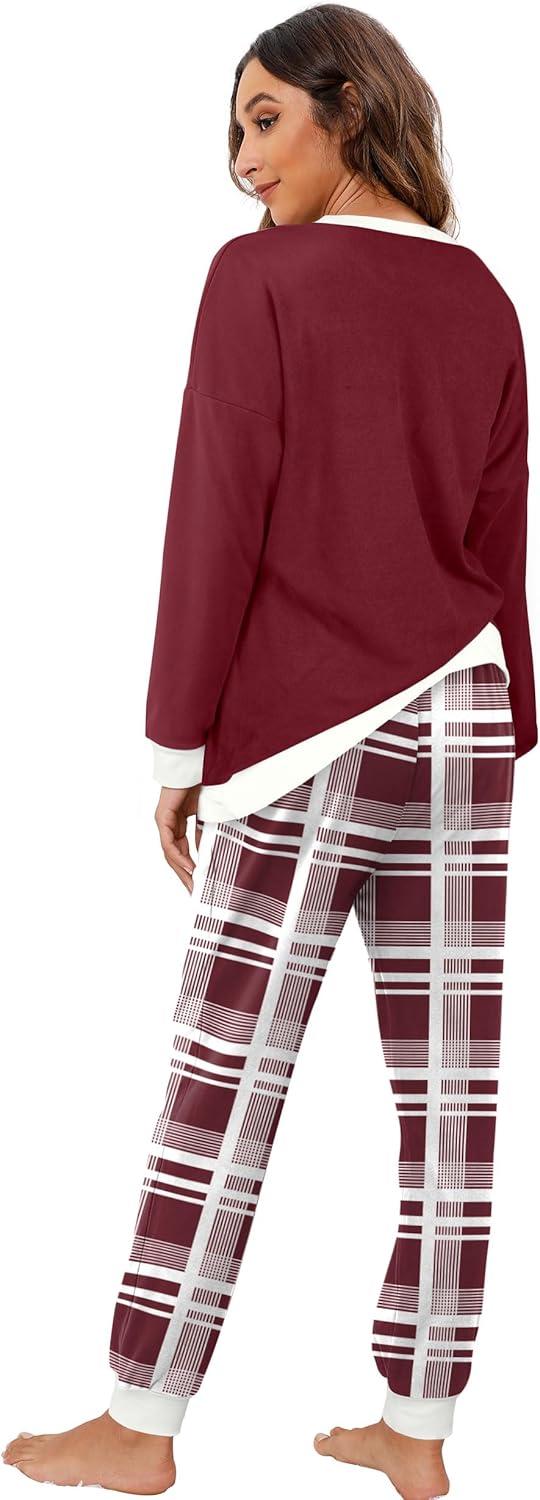 imageXIEERDUO Pajamas For Women Long Sleeve Crew Neck With Pockets Tie Dye Leopard Plaid Lounge Sets Two Piece Outfits Pj Set25mix Red